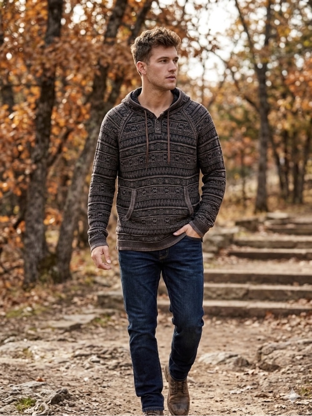 Carbon 2 Cobalt Men's Brown Tribal Aztec Henley Hoodie Sweater XXL